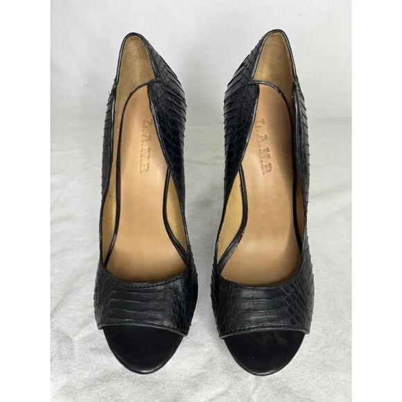 L.A.M.B. Ilane Black Snakeskin Leather Peep Toe Platform Pumps Size 9 Sexy Pinup