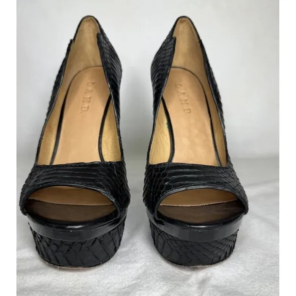 L.A.M.B. Ilane Black Snakeskin Leather Peep Toe Platform Pumps Size 9 Sexy Pinup
