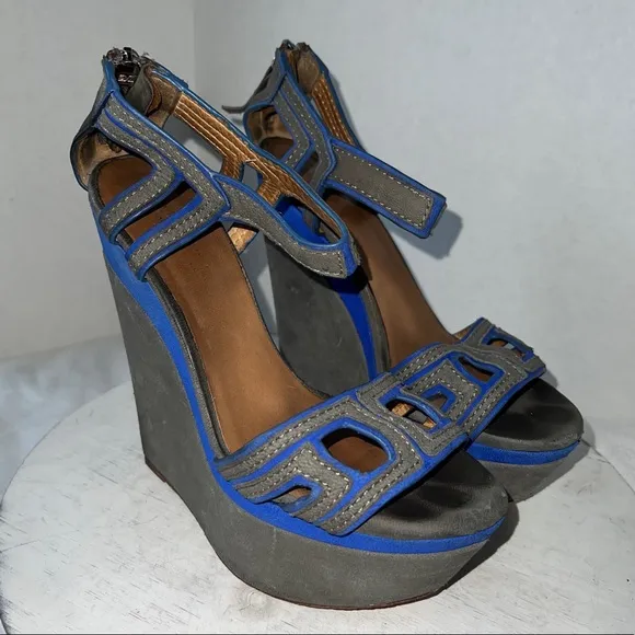 LAMB Nubuck Platform Wedge Sandals High Heel Grey Blue Suede Womens Size 8