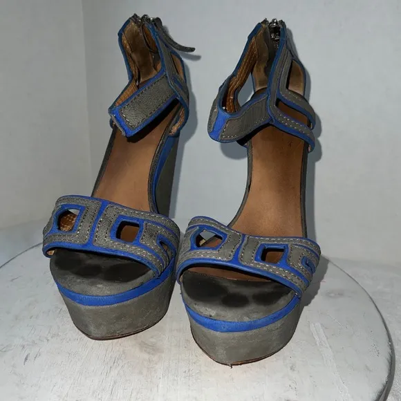 LAMB Nubuck Platform Wedge Sandals High Heel Grey Blue Suede Womens Size 8