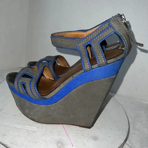 LAMB Nubuck Platform Wedge Sandals High Heel Grey Blue Suede Womens Size 8
