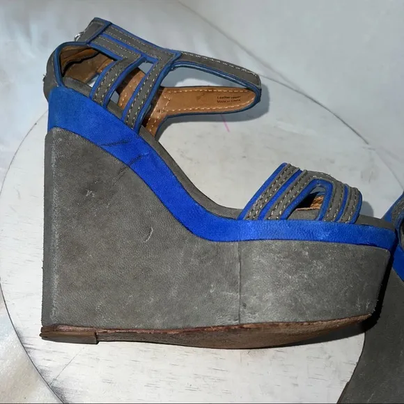 LAMB Nubuck Platform Wedge Sandals High Heel Grey Blue Suede Womens Size 8