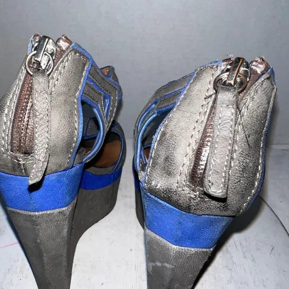 LAMB Nubuck Platform Wedge Sandals High Heel Grey Blue Suede Womens Size 8