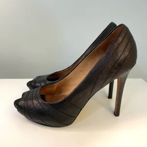 L.A.M.B. Tansy Black Leather High Heel Peep Toe Shoes Size 8.5