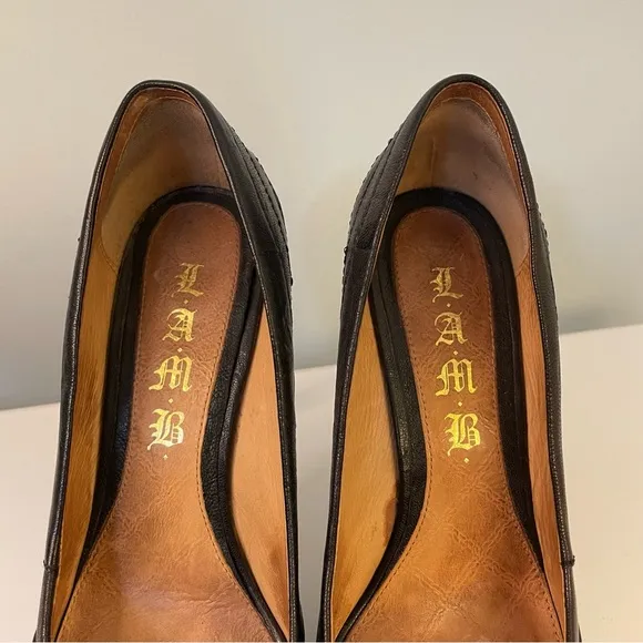 L.A.M.B. Tansy Black Leather High Heel Peep Toe Shoes Size 8.5