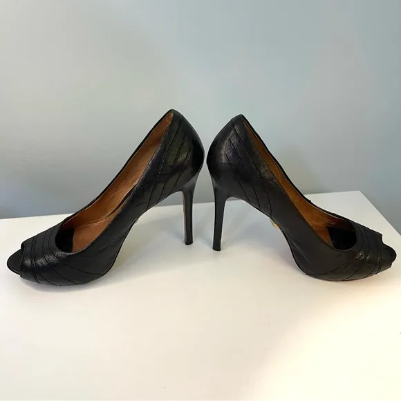 L.A.M.B. Tansy Black Leather High Heel Peep Toe Shoes Size 8.5