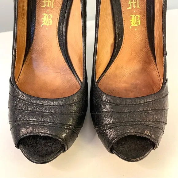 L.A.M.B. Tansy Black Leather High Heel Peep Toe Shoes Size 8.5