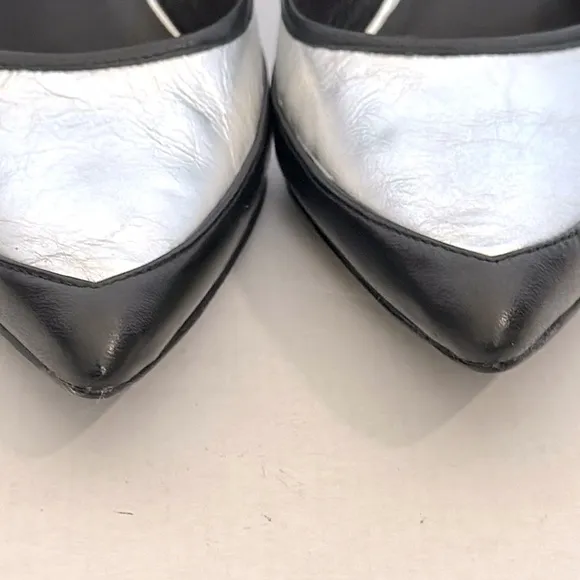 L.A.M.B. WOMEN'S CLASSIC SILVER &amp; BLACK BETHEL LEATHER PUMPS US WOMEN'S SIZE 7.5