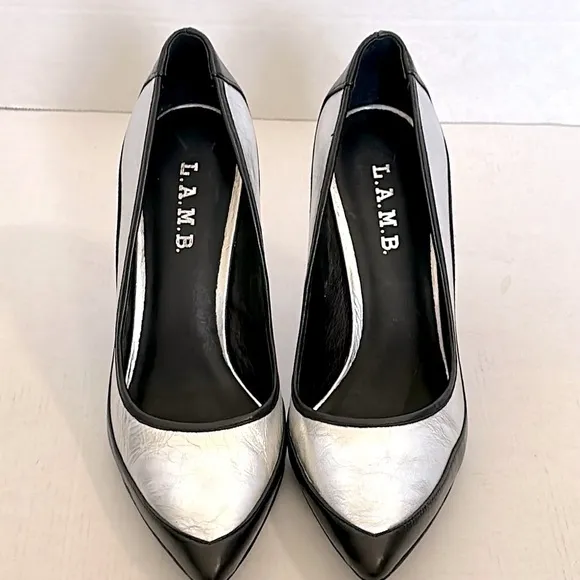 L.A.M.B. WOMEN'S CLASSIC SILVER &amp; BLACK BETHEL LEATHER PUMPS US WOMEN'S SIZE 7.5