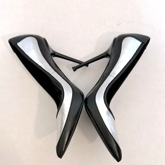 L.A.M.B. WOMEN'S CLASSIC SILVER &amp; BLACK BETHEL LEATHER PUMPS US WOMEN'S SIZE 7.5
