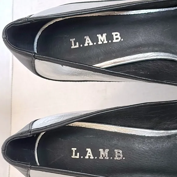 L.A.M.B. WOMEN'S CLASSIC SILVER &amp; BLACK BETHEL LEATHER PUMPS US WOMEN'S SIZE 7.5