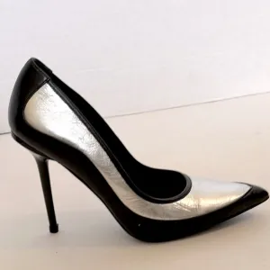 L.A.M.B. WOMEN'S CLASSIC SILVER &amp; BLACK BETHEL LEATHER PUMPS US WOMEN'S SIZE 7.5