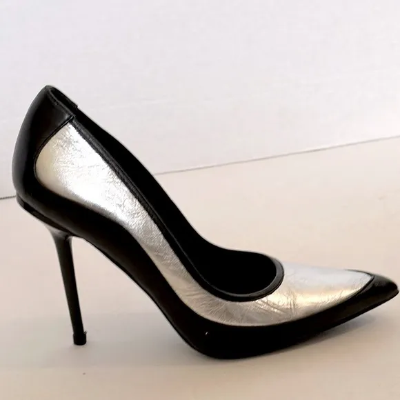 L.A.M.B. WOMEN'S CLASSIC SILVER &amp; BLACK BETHEL LEATHER PUMPS US WOMEN'S SIZE 7.5