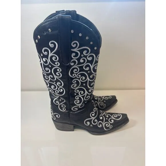 Lane LB00045A black womens boot sz 7 Us 37 Eur Cowgirl South Rodeo Embroid Rhine