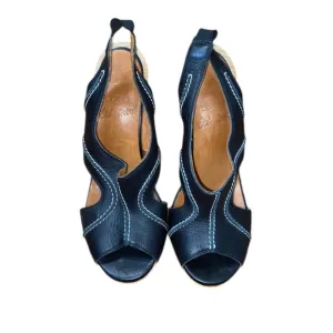 LANVIN PARIS BLACK LEATHER WOOD PLATFORM HEELED SANDALS SIZE 7