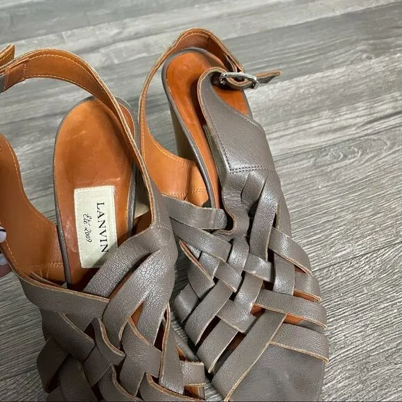 Lanvin Vintage Leather Olive Brown Gladiator Woven Cone Heel Sandals
