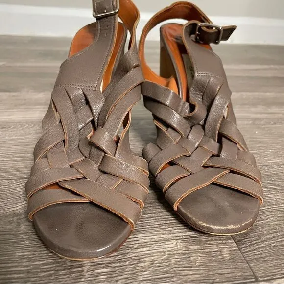 Lanvin Vintage Leather Olive Brown Gladiator Woven Cone Heel Sandals