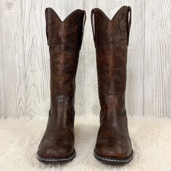 L’Artiste Spring Step Gallop Brown Tall Floral Tooled Leather Boots 8.5 Embossed
