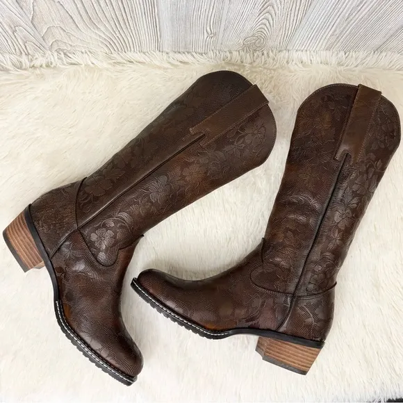L’Artiste Spring Step Gallop Brown Tall Floral Tooled Leather Boots 8.5 Embossed