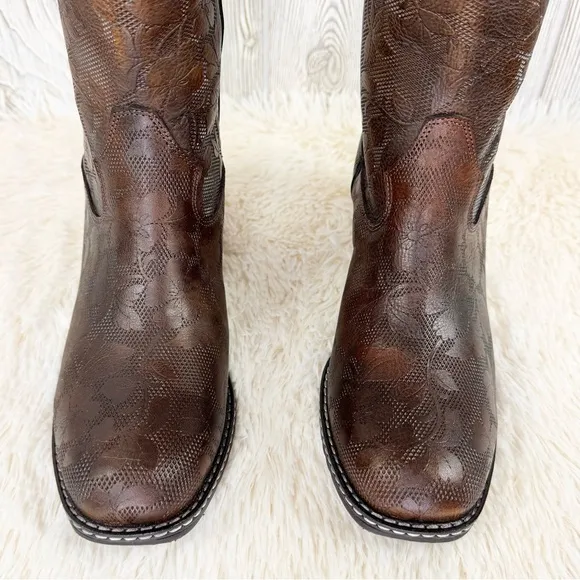 L’Artiste Spring Step Gallop Brown Tall Floral Tooled Leather Boots 8.5 Embossed