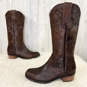 L’Artiste Spring Step Gallop Brown Tall Floral Tooled Leather Boots 8.5 Embossed