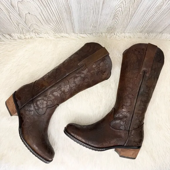 L’Artiste Spring Step Gallop Brown Tall Floral Tooled Leather Boots 8.5 Embossed