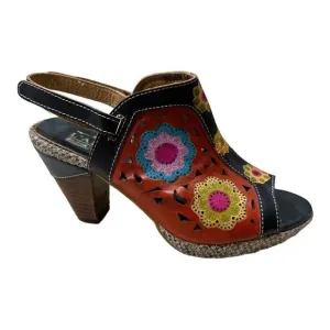 L’ARTISTE SPRING STEP Women’s Belen Floral Laser Cut Leather Heels Blue Size 38