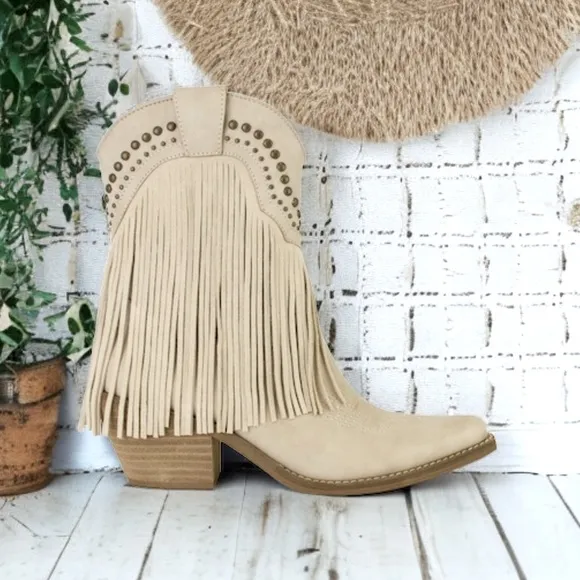 Last 1! Beast Adela-16 Stone Fringe Embellishment Short Western Cowboy Boot 8.5
