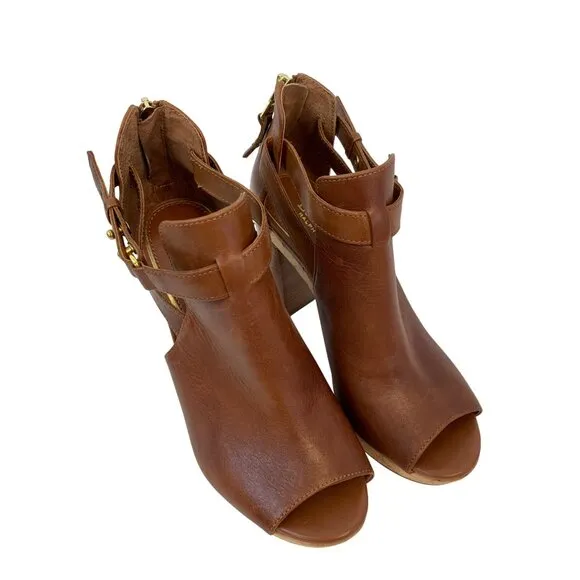 Lauren Ralph Lauren Peep Toe Platform Heels With Cork &amp; Leather Block Size 6.5B