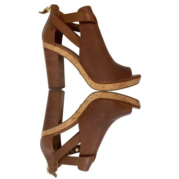 Lauren Ralph Lauren Peep Toe Platform Heels With Cork &amp; Leather Block Size 6.5B