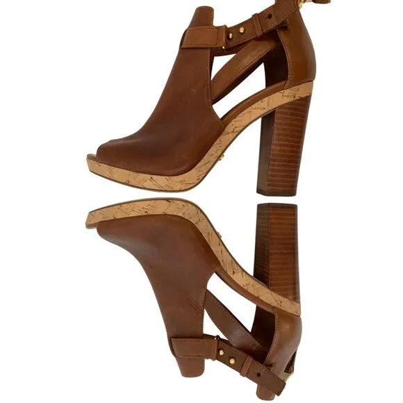 Lauren Ralph Lauren Peep Toe Platform Heels With Cork &amp; Leather Block Size 6.5B