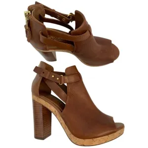 Lauren Ralph Lauren Peep Toe Platform Heels With Cork &amp; Leather Block Size 6.5B