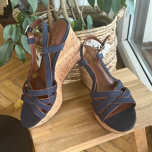 Lauren Ralph Lauren QUAYLIN Navy Blue Peep Toe Cork Wedge Heel Shoes 7