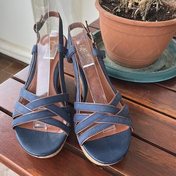 Lauren Ralph Lauren QUAYLIN Navy Blue Peep Toe Cork Wedge Heel Shoes 7