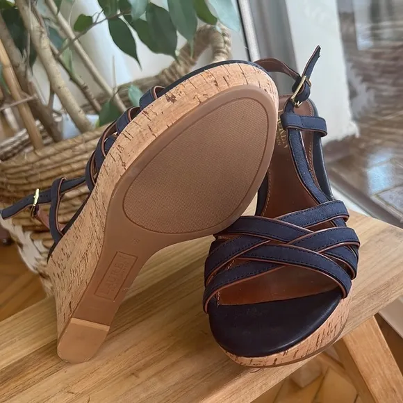 Lauren Ralph Lauren QUAYLIN Navy Blue Peep Toe Cork Wedge Heel Shoes 7