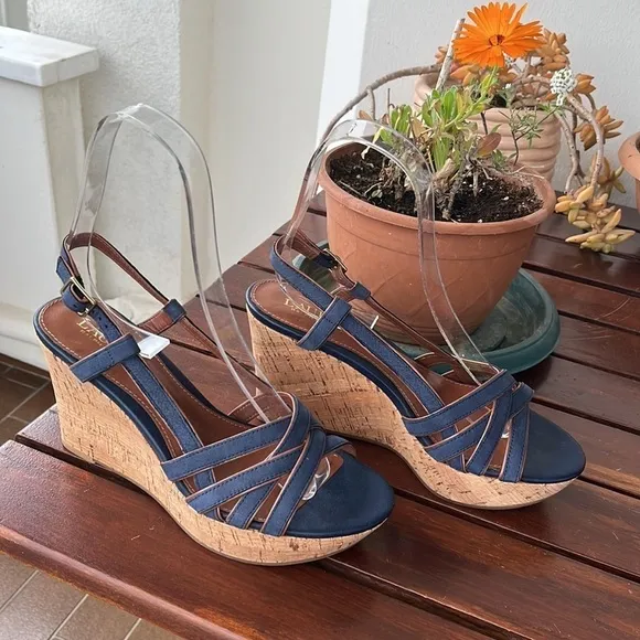 Lauren Ralph Lauren QUAYLIN Navy Blue Peep Toe Cork Wedge Heel Shoes 7