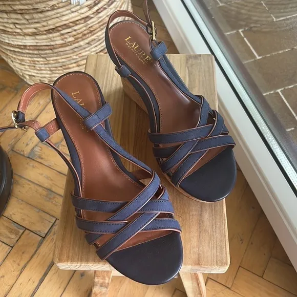 Lauren Ralph Lauren QUAYLIN Navy Blue Peep Toe Cork Wedge Heel Shoes 7