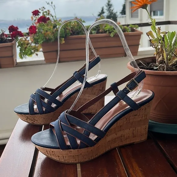 Lauren Ralph Lauren QUAYLIN Navy Blue Peep Toe Cork Wedge Heel Shoes 7