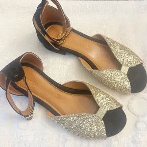 Les Italiennes Black suede gold glitter dress sandals women size 38