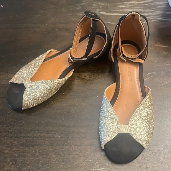 Les Italiennes Black suede gold glitter dress sandals women size 38