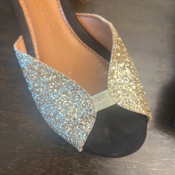 Les Italiennes Black suede gold glitter dress sandals women size 38