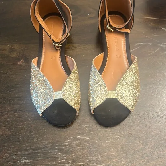 Les Italiennes Black suede gold glitter dress sandals women size 38