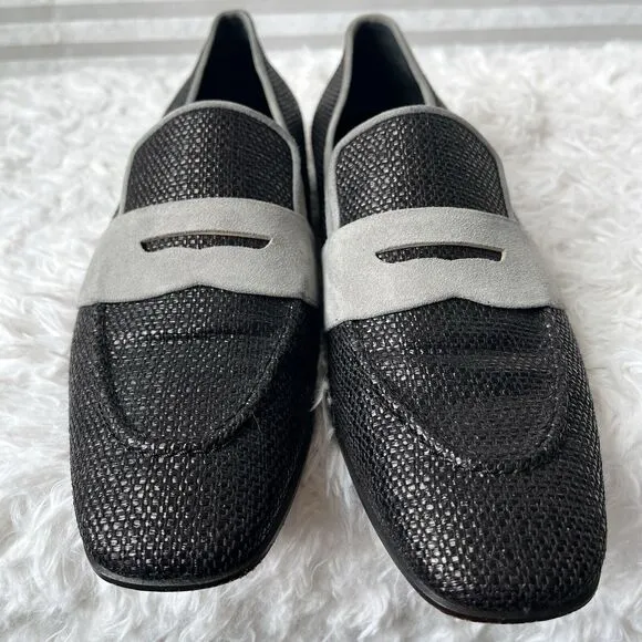Élevée Mens Moccasin Shoes black woven raffia, gray suede, size EU 40/US 7