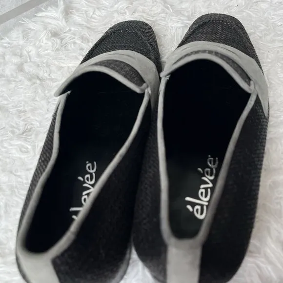 Élevée Mens Moccasin Shoes black woven raffia, gray suede, size EU 40/US 7