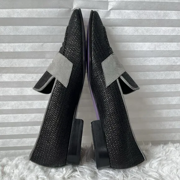 Élevée Mens Moccasin Shoes black woven raffia, gray suede, size EU 40/US 7