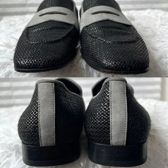 Élevée Mens Moccasin Shoes black woven raffia, gray suede, size EU 40/US 7