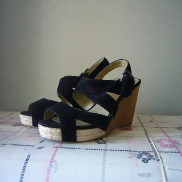 Levity Black Suede Platform Espadrille Jute Wedge Sandals - Size 6 Platform Heel