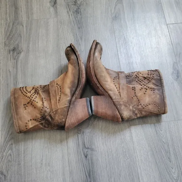Liberty Boots Women's 10 Western Harness Brown Studded Leather Mid Calf Boho