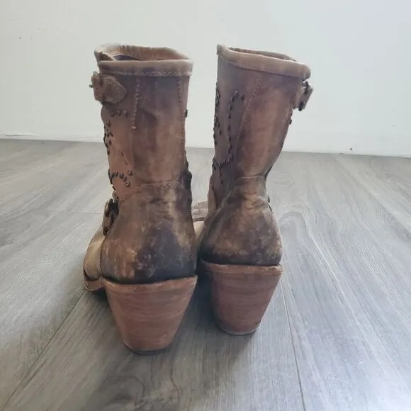 Liberty Boots Women's 10 Western Harness Brown Studded Leather Mid Calf Boho