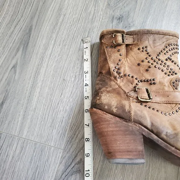Liberty Boots Women's 10 Western Harness Brown Studded Leather Mid Calf Boho